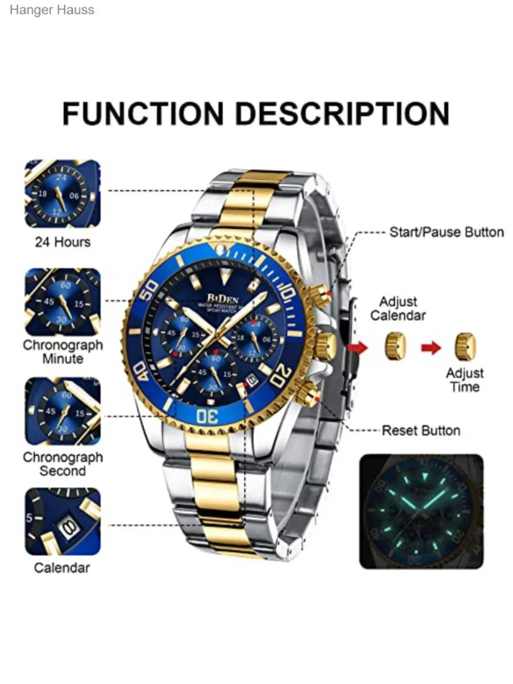 Men's Chronograph Watch Stainless Steel Gold Blue Waterproof Analog Quartz